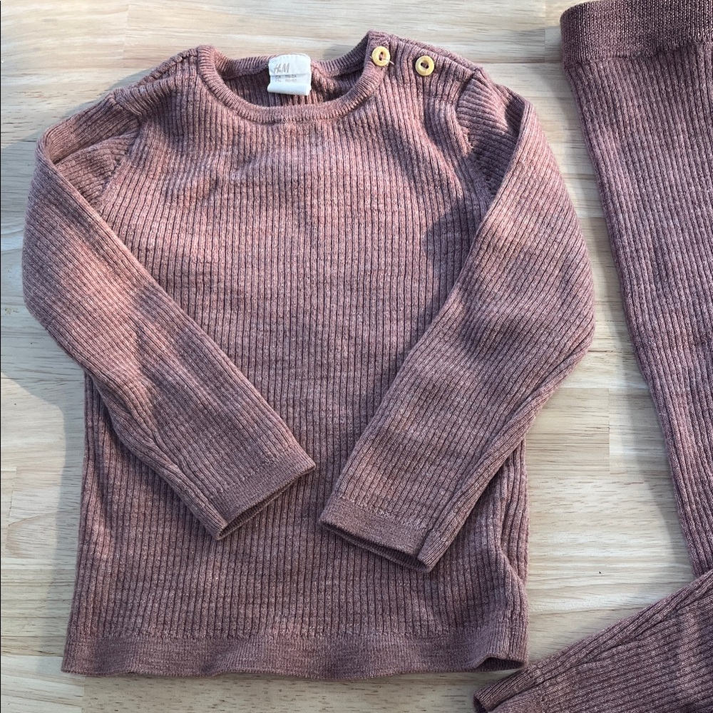 Ribbed Knit Sweater Thermal and Pants Set in Mauve 100% Wool